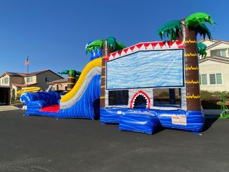 Bounce house water slide with blower