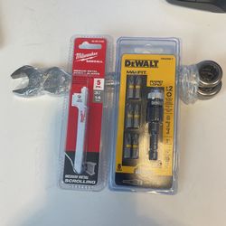 2 Craftsman Ratcheting Wrenches, Five Pack Milwaukee Saul Blades 3 5/8 14 TPI, Dewalt Max Fix Rapid Load Magnet Screw Lock System