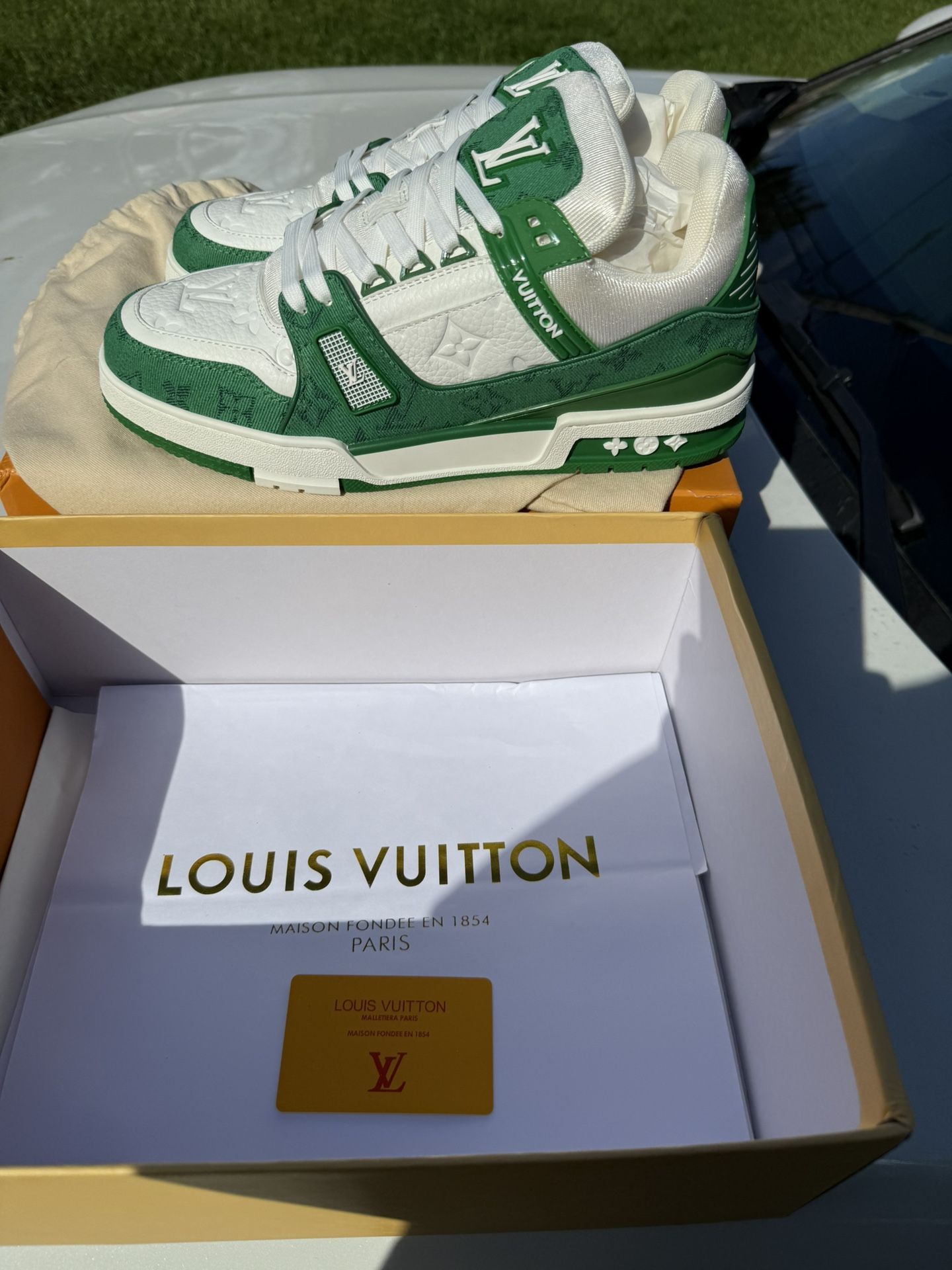 Louis Vuitton Trainer Green Monogram Denim White (Never Worn)
