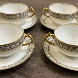 GDA Limoges Rose Print Handled Soup Bowl and Saucer Set Of 8.   Made In France 