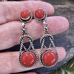 Southwest Coral Gemstone Silver 1.8” Post Stud Earrings