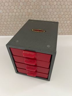 Vintage 1950s Small DUNLAP Metal Small Parts Cabinet 4 Red Drawers Hammertone Excellent