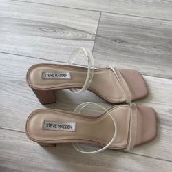 Steve Madden Block Heels Womens Size Clear Vinyl Straps Square Toe Slip On