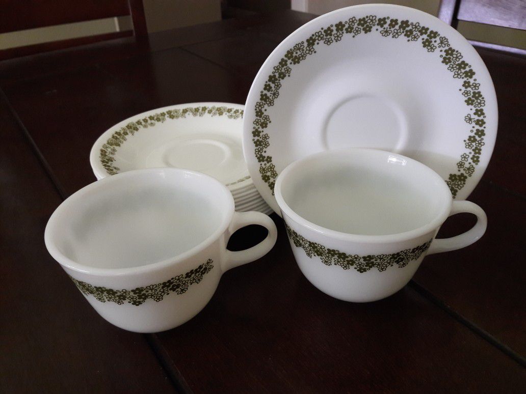 TEA CUP CORELLE DISHES AND 2 MILK GLASS MUGS