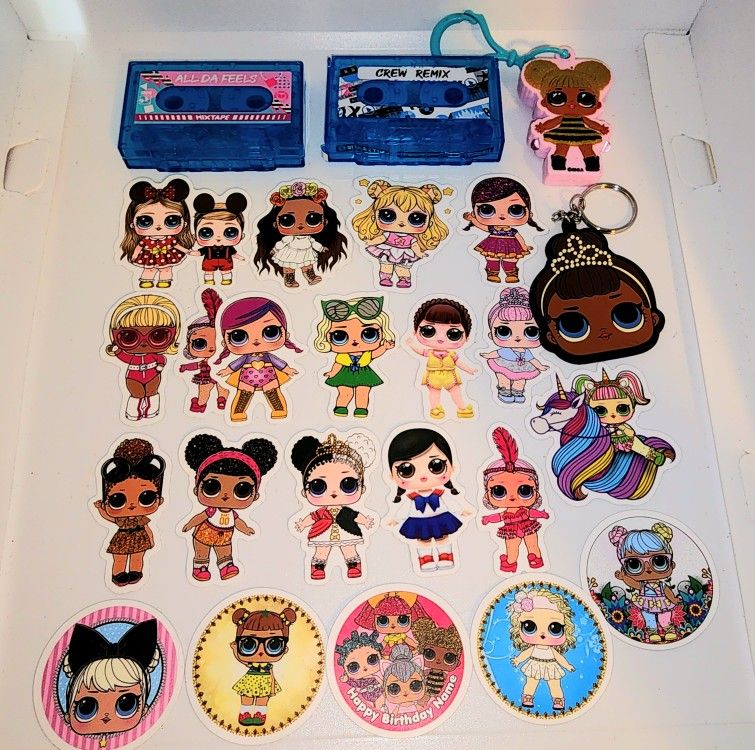 lot of LOL dolls 2x keychains, multiple stickers, 2x cassette accessories 