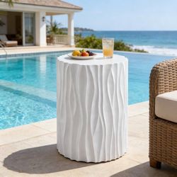 Round Side Table with Wavy Fluted for Indoor & Outdoor, Modern Travertine Faux Marble Stone Small Coffee Table End Table, Magnesium Oxide, No Assembly