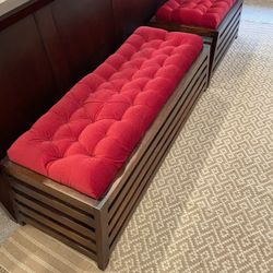 Handcrafted Solid Wood Benches with Luxe Tufted Red Cushions – Premium Artisan Furniture (Set of 2)