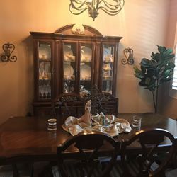 Solid wood formal dining Table with 6 chairs and Glass Hutch with Buffet matching Set 