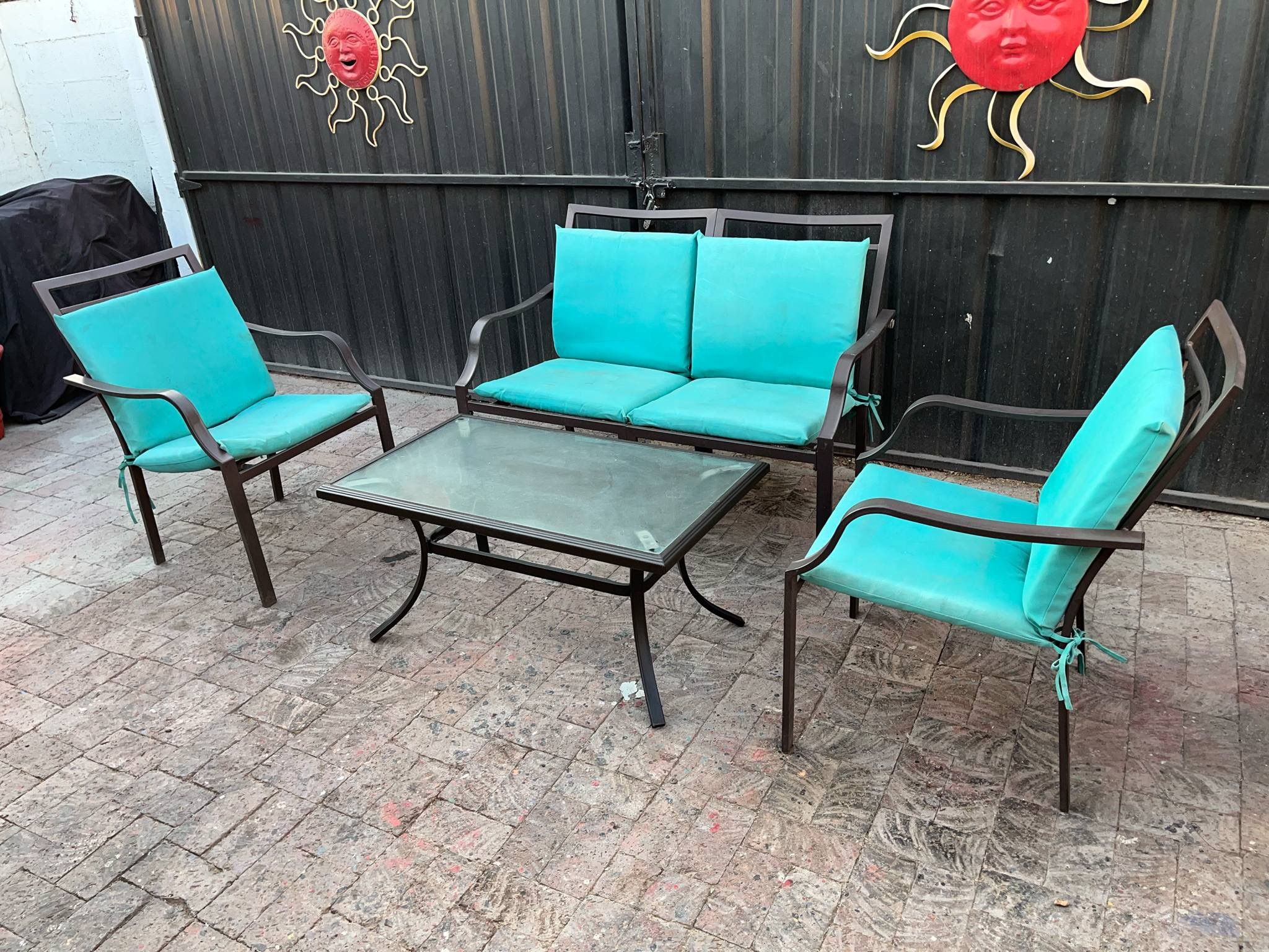 Metal Bench (Rubber Seat Straps) & 2 Chairs w/ Cushions & Middle Metal/Glasstop Table