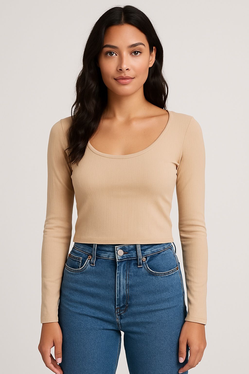 Slip into effortless chic with our Soft Sand Beige Ribbed Long-Sleeve Top!