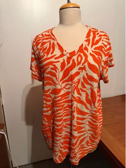Women’s Top T-shirt Short Slv Orange-beige “Zebra” Cotton/modal Chico’s Sz 2 EUC
