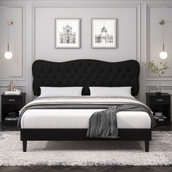 Tufted King Bed, Linen Curved Button Upholstered Platform Bed with Adjustable Headboard & Footboard, No Box Spring Needed, Black