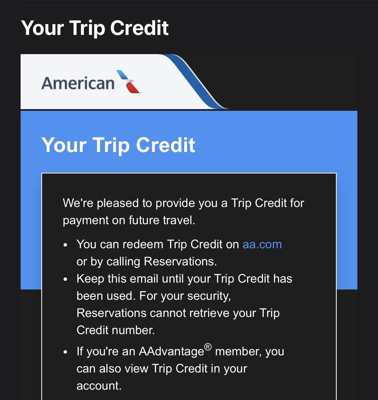 Flight Credit American $580
