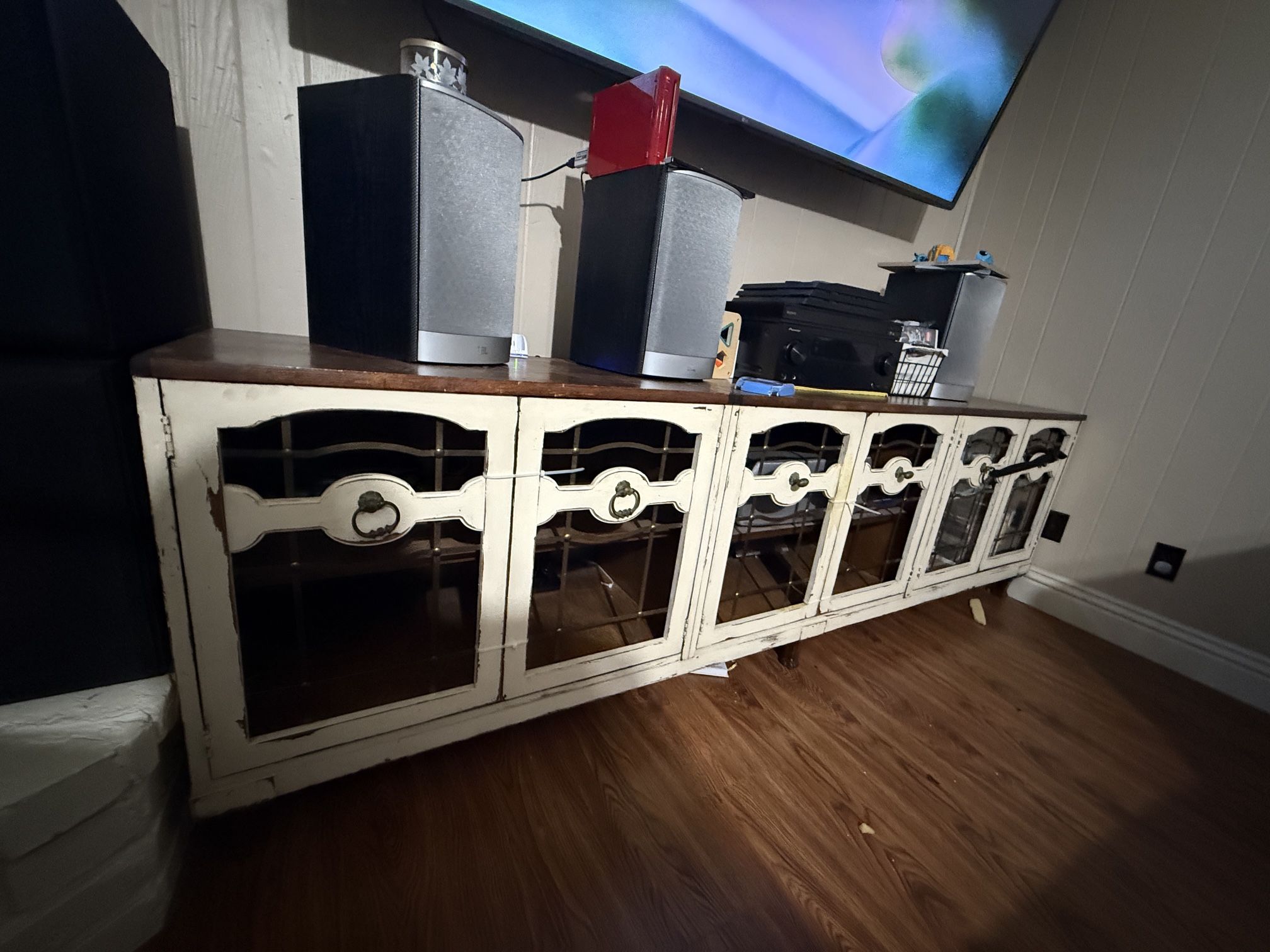 $300 Antique White Media Stand 6 Door TV Stand