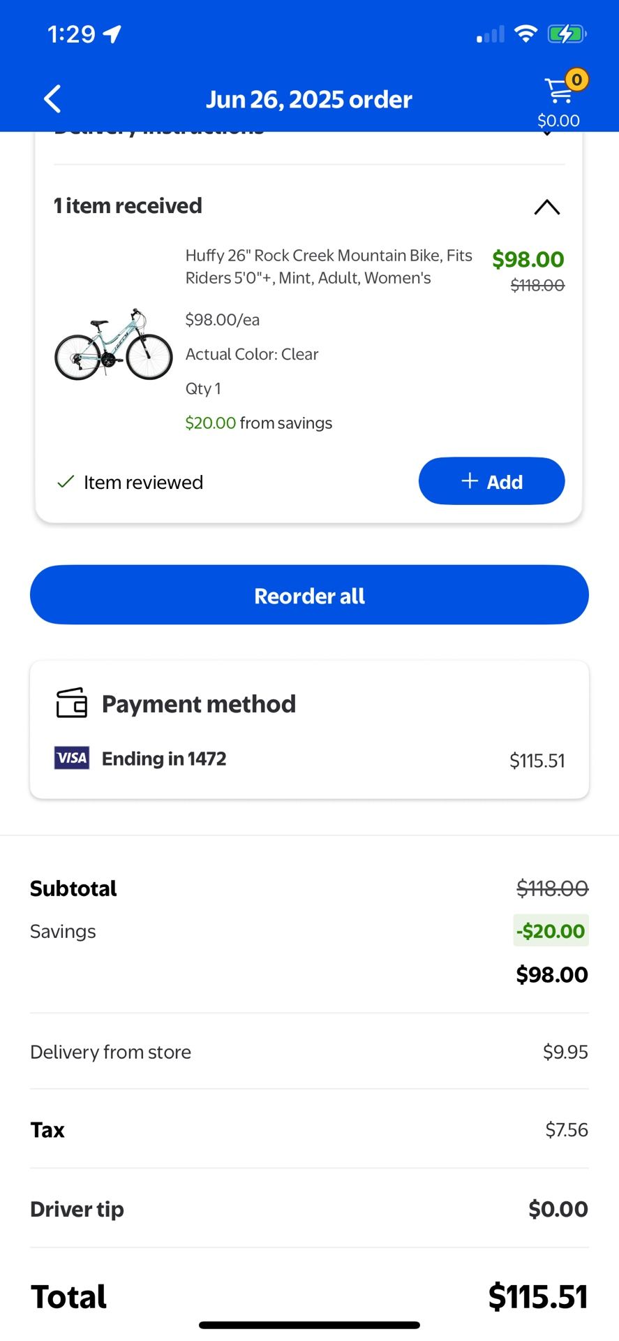 Woman’s Walmart Brand Bike Blue Medium Size