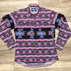 Wrangler Brushpopper Western Vintage Cowboy Aztec Geometric Print Shirt Mens M