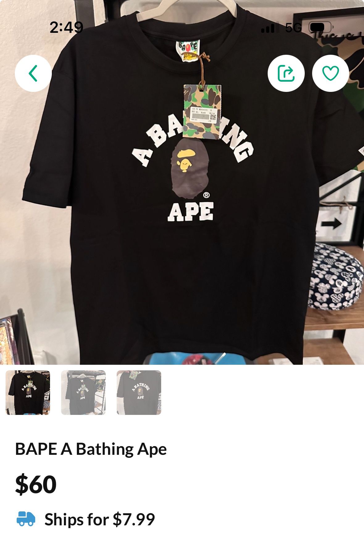 BAPE A Bathing Apr Collegiate Classic Black T-shirt Sizes Medium And Large