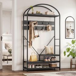 Coat Rack with Shoe Storage, 16 Hooks, Entryway Organizer