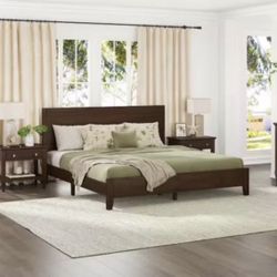 Lessie Dark Brown Mid-Century 13.7 in. Solid Wood Frame King Platform Bed with Wooden Slats, Headboa