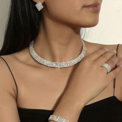 Elegant 5pc Rhinestone Necklace Set with Earrings Bracelet Plus Ring  