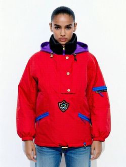Vintage Unisex Obermeyer Red Jacket Warm Black Purple Collard Hoodie Nylon XL