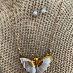 Juego Cadena Aretes Gold Filled Mariposa Nacar Joyería Antigua 