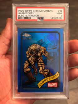 2025 TOPPS CHROME MARVEL Blue Refractor #92 SABRETOOTH 010/299 PSA 9
