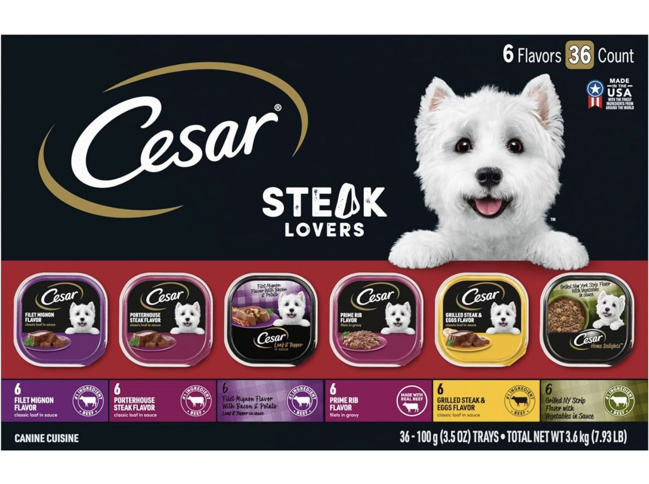 CESAR Adult Wet Dog Food Classic Loaf in Sauce Steak Lovers Variety Pack with Real Meat, 3.5 oz. Easy Peel Trays, Pack of 36