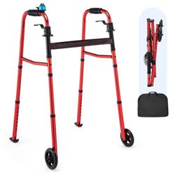 Verpal Compact Foldig Walker with 5" Wheels, Adjustable Lightweight Mobility Aids Walker for Seniors, 350lb Weight Capacity, Red