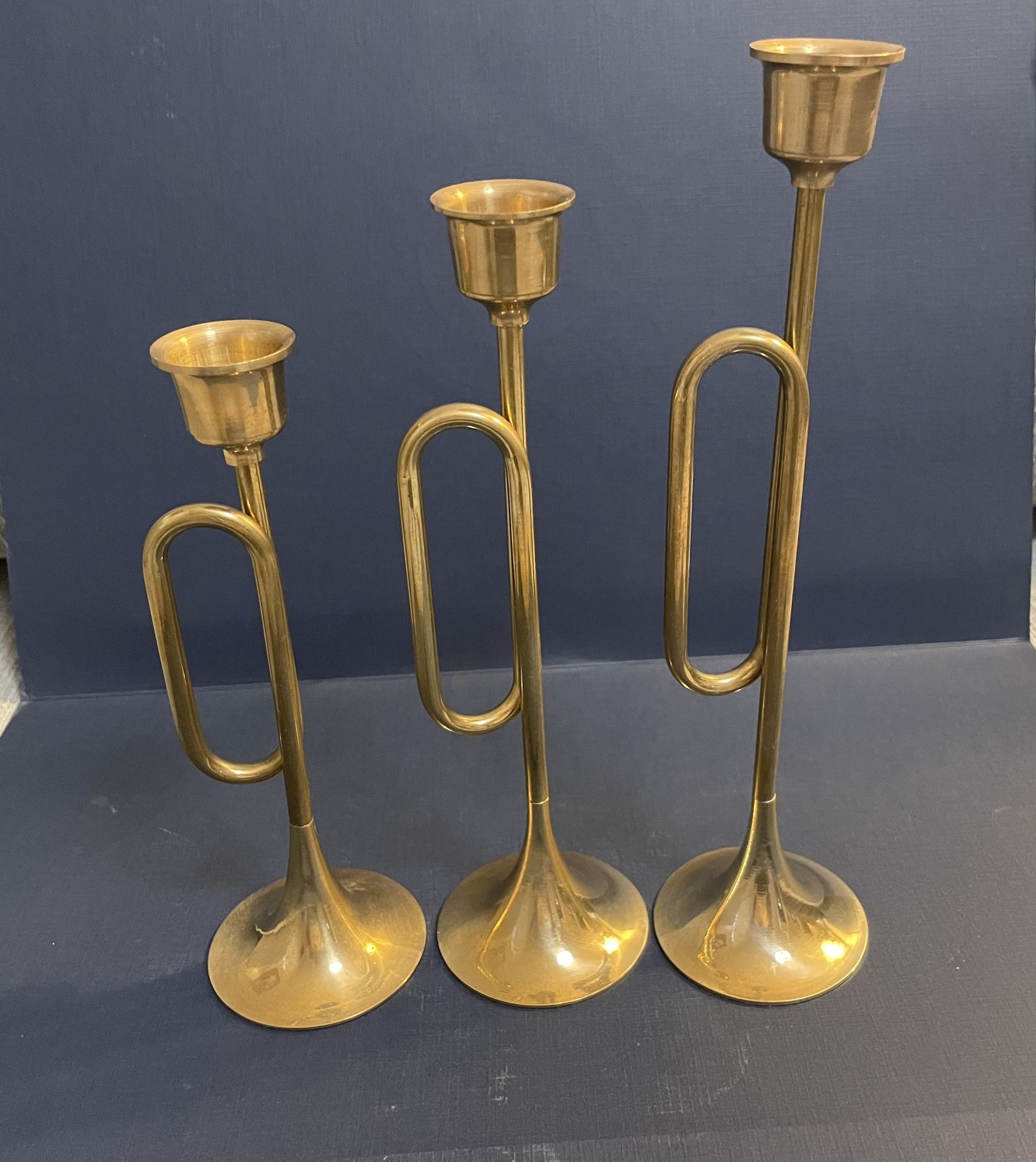 Vintage Set Of 3 Brass Trumpet Candlestick Holders