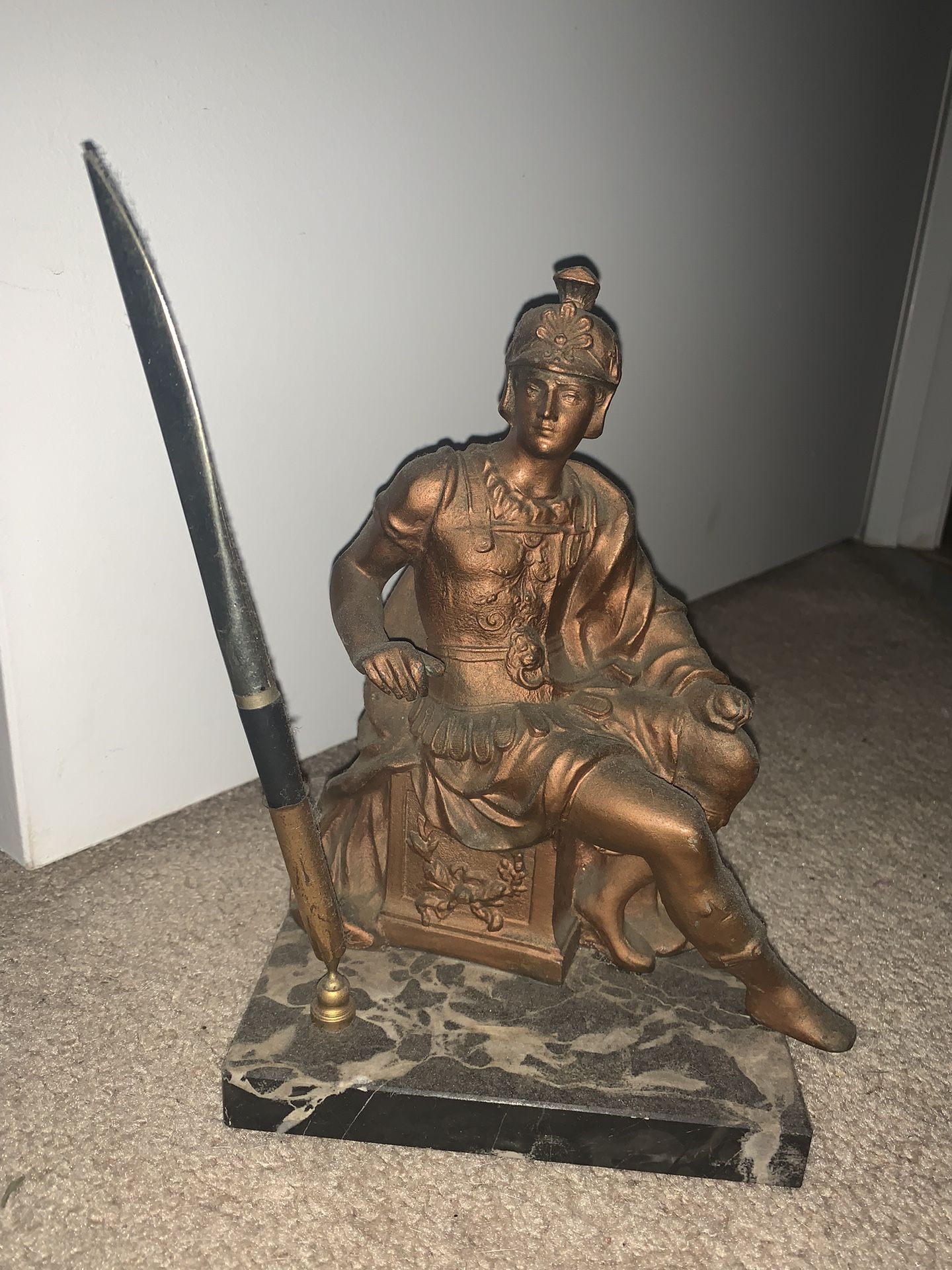 Antique metal European trojan Soldier figure w Pen Holder on Black/White Marble Base 7” X 9”