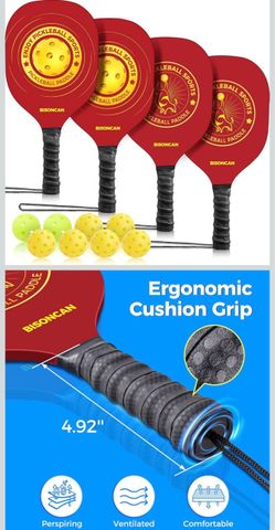 Pickleball Paddles - Pickleball Balls Set with 4 Wood or 2 Fiberglass Paddles Set, Pickleball Rackets Set with Ergonomic Cushion Grip Indoor & Outdoor
