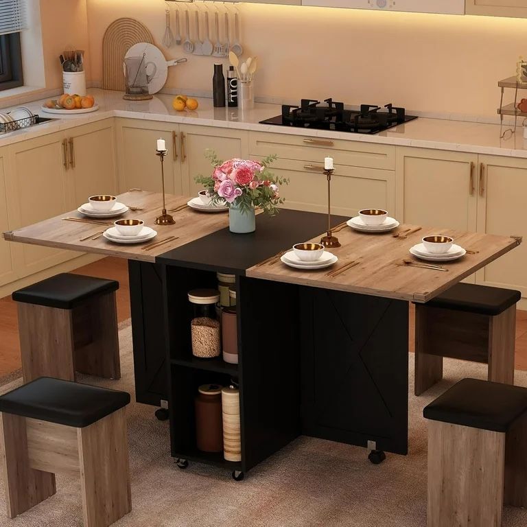 5 PCS Farmhouse Dining Table Set for 4, 60'' Large Folding Dining Table Set with 4 Leather Chairs,6 Wheels, Drop Leaf Foldable Kitchen Table with 2-La