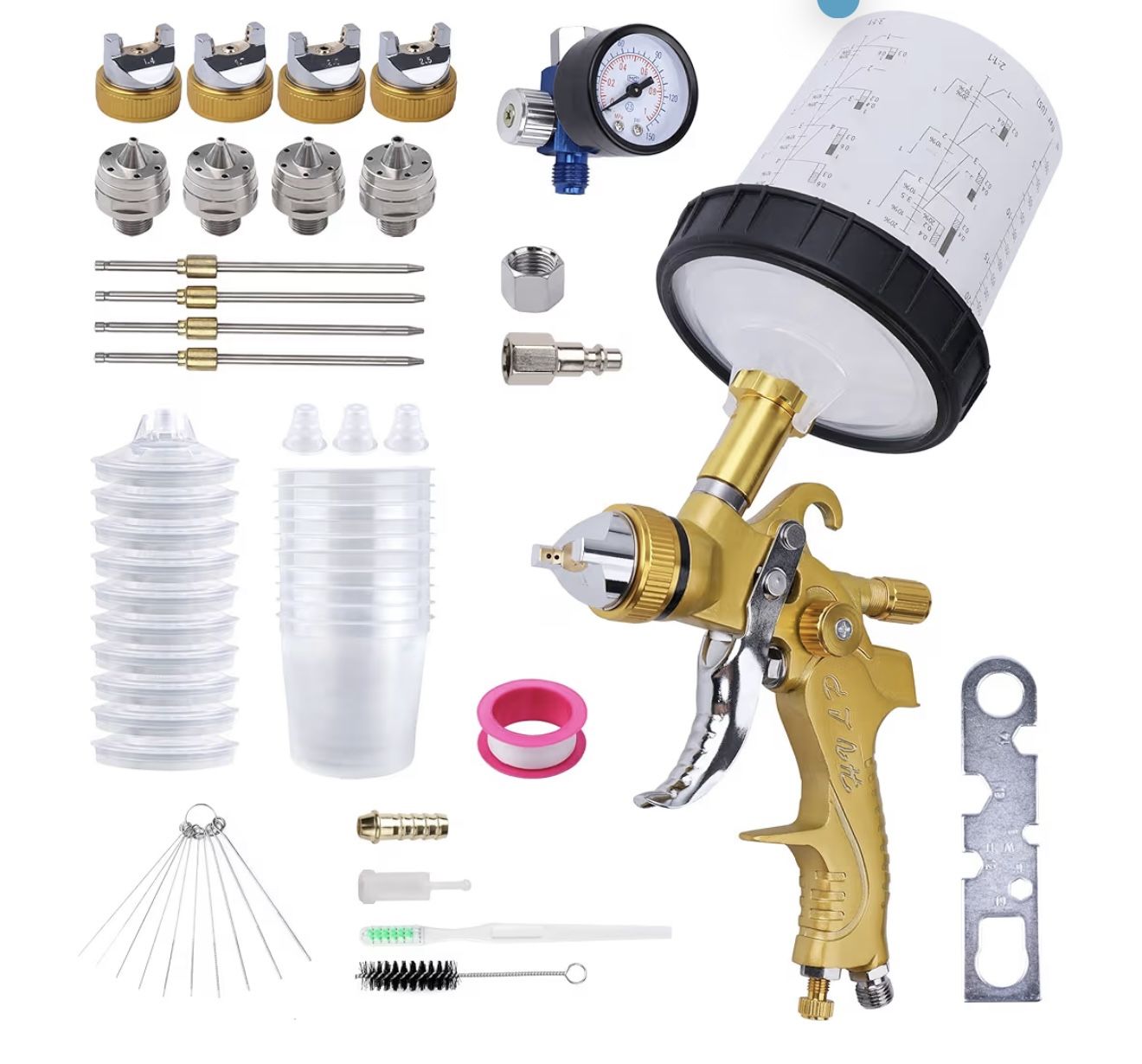 HVLP Spray Gun with 10Pcs 600ML Disposable Paint Cups, 4 Nozzles,1.4/1.7/2.0/2.5mm, Automotive Gravity Feed Paint Spray Gun Kit with Air Compressor Re