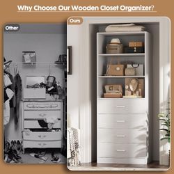 Closet Drawers System, 21.3" Wood Closet Organizer System, White with 4 Drawers & Shelf, Modular Walk-in Closet System Storage Unit, Small Closets War