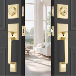 EHOMEWARE Brass Double Front Door Handle Set, Gold Heavy Duty Square Door Lever and Single Cylinder Deadbolt Combo for Side by Side Entrance Exterior 