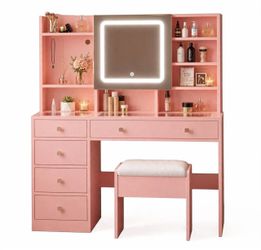 ✅NEW✅ Light Pink Vanity with Light Mirror and Stool