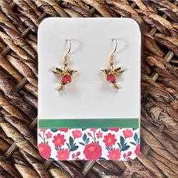 New Handmade Gold-Tone Hummingbird Dangle Earrings with Rose and Dark Green Crystals