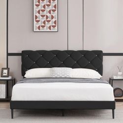 Bed Frame with Velvet Upholstered Headboard and Sturdy Wooden Slats Support,Easy Assembly, No Box Spring Needed,Slip Resistant (Black, Queen)
