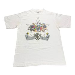 Vintage 1991 Looney Tunes Warner Bros. Logo Cast Crew Movie Film Set Cartoon Graphic Acme Clothing Co. White T-Shirt Adult Size L 90s VTG