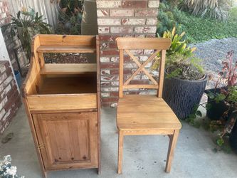 Small solid wood porch table and chair.
