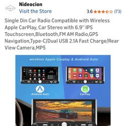 Single Din Car Radio Compatible with Wireless Apple CarPlay, Car Stereo with 6.9'' IPS Touchscreen,Bluetooth,FM AM Radio,GPS Navigation,Type-C/Dual US