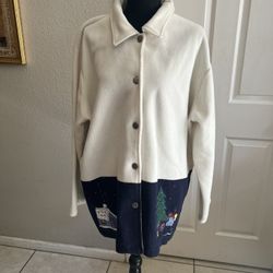 Vtg Lauren Brooke Womens Plus Button Up Christmas Collared Jacket Off White/Blue