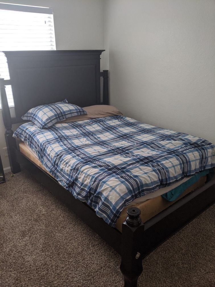 Full mattress good condition and queen bed frame and drawers