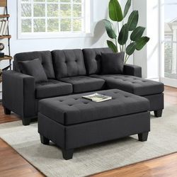 Naomi Reversible Black Linen Sectional Sofa with Ottoman

