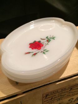 Vintage Red rose milk glass tea tray