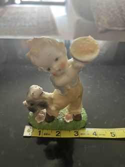 Vintage Porcelain Figurine “Boy Holding Food Bowl Away From Dog” - Made In Japan