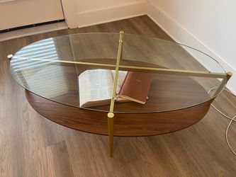 Oval Glass and Wood Coffee Table with Gold Frame