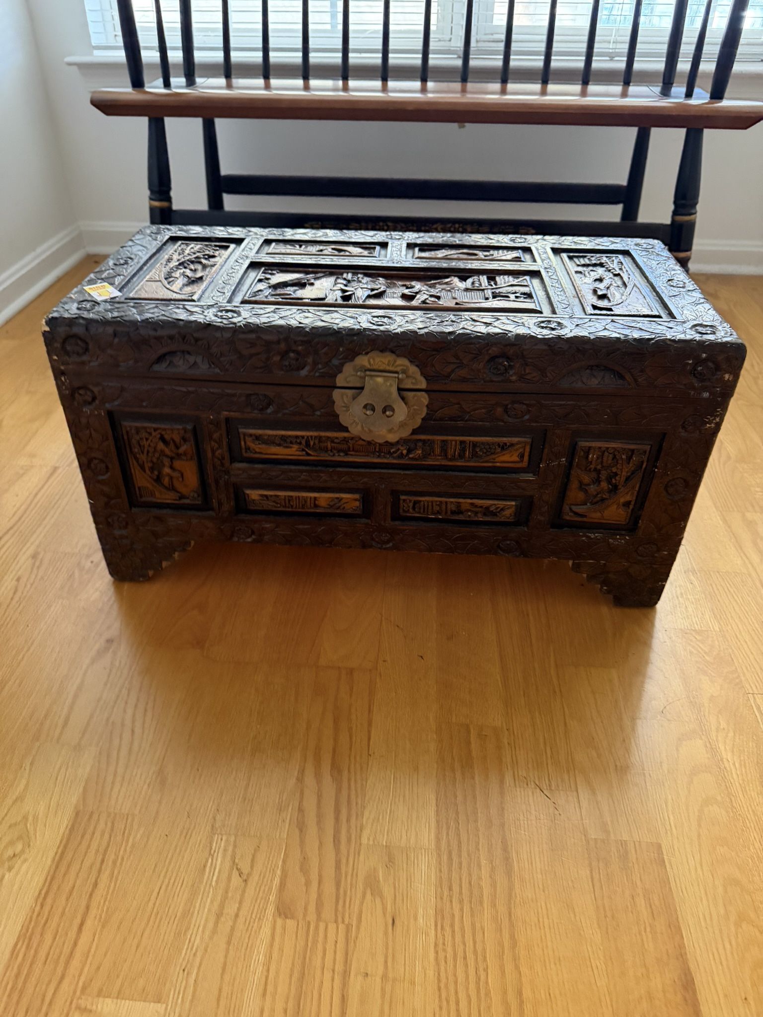 Antique Hand-Carved Wooden Chest with Brass Clasp