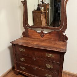 Antique Oak Dresser With Beveled Mirror 